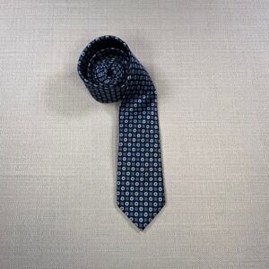 Rooster Mens Silk Tie Blue Silver Geometric Medallion Pattern Necktie 61 Inch
